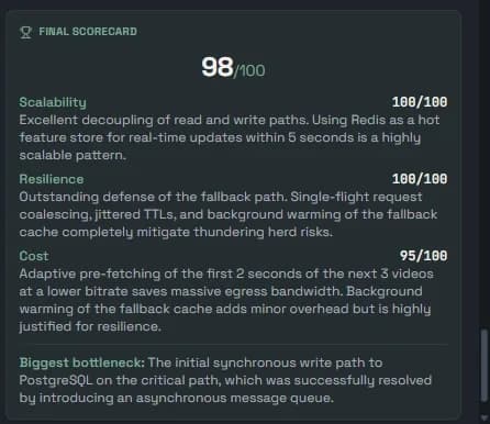 ChaosBench final scorecard showing per-dimension scores for Scalability, Resilience, and Cost, plus a named biggest bottleneck