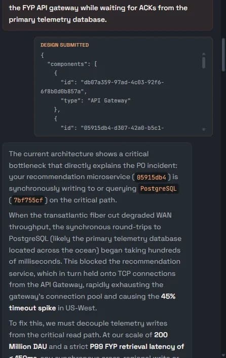 ChaosBench mid-incident: the AI cross-examines a specific architecture bottleneck during a live P0 chaos incident
