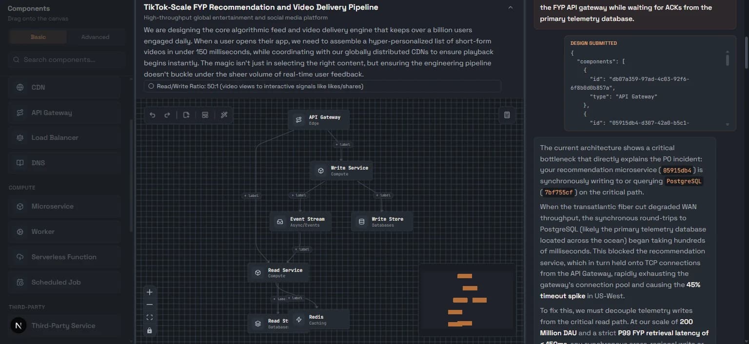 ChaosBench mid-incident: the AI cross-examines a specific architecture bottleneck during a live P0 chaos incident